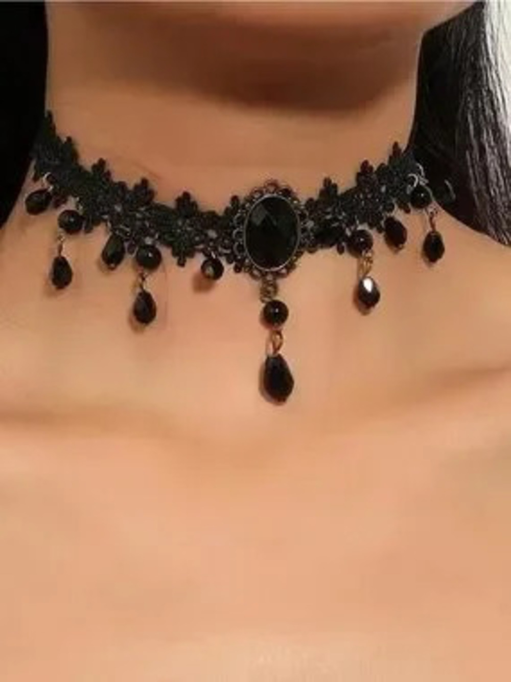 Anthropologie Black Lace Choker with Faceted Center and Teardrop Beads